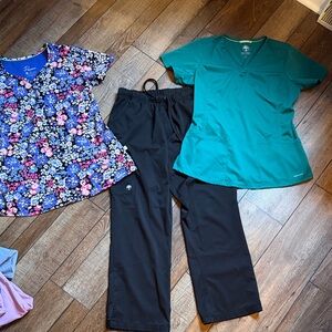 Healing hands Floral and Teal Scrub Tops with Black Pants